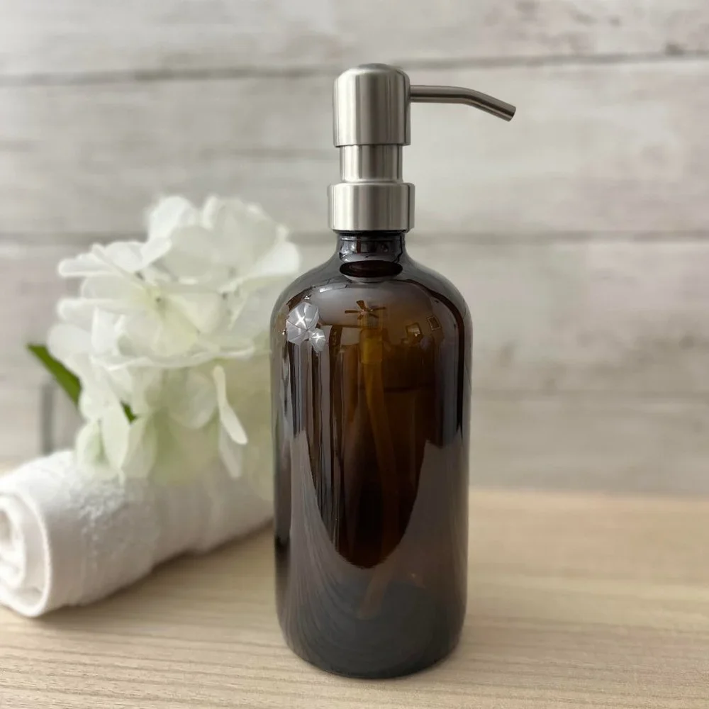 💚SET OF 2: 16 OZ. GLASS SOAP DISPENSERS W/ METAL PUMP (AMBER GLASS/SILVER PUMP)